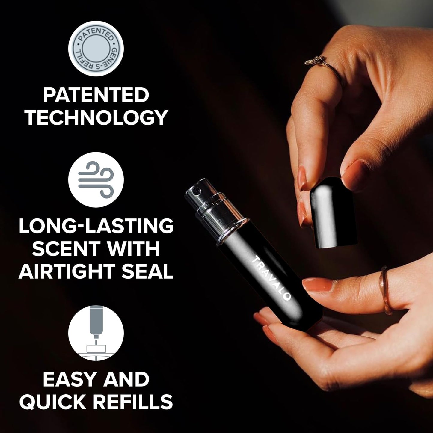 Travalo Classic HD Perfume Atomizer - Leak-Proof and TSA Approved for Air Travel - Reusable, Airtight, Easy-Fill Mini Pump Sprayer - Lightweight, Elegant Design w/Volume Window - Black 0.17oz