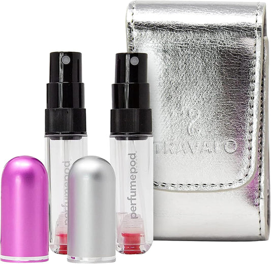 Travalo Pod Pure Duo Perfume Atomizers w/Pouch - Silver & Perfect Pink (2-Pack)